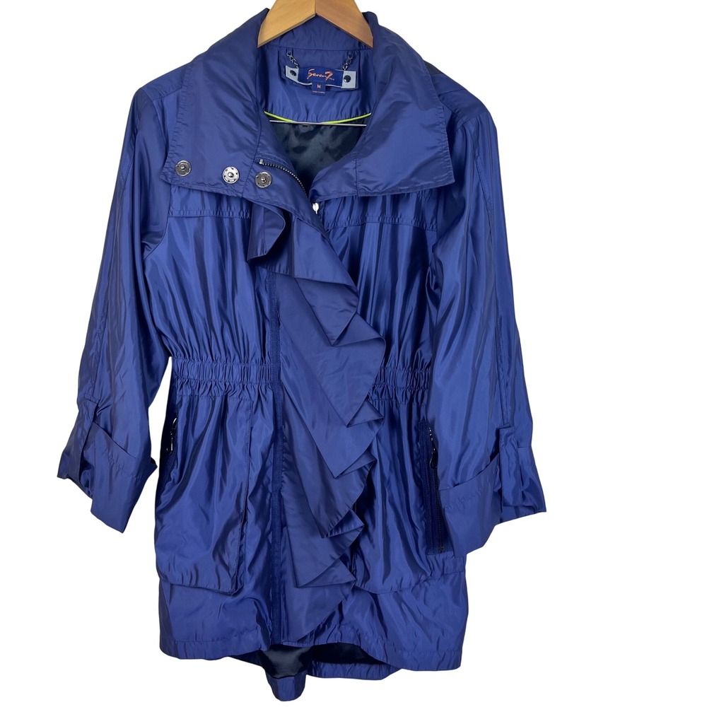Seven7 Size M‎ Blue Ruffle Rain Trench Coat Lightweight Hooded Jacket (T671)